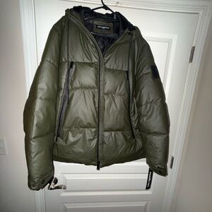Karl Lagerfeld Men's Dark Olive Puffer Jacket with Hood